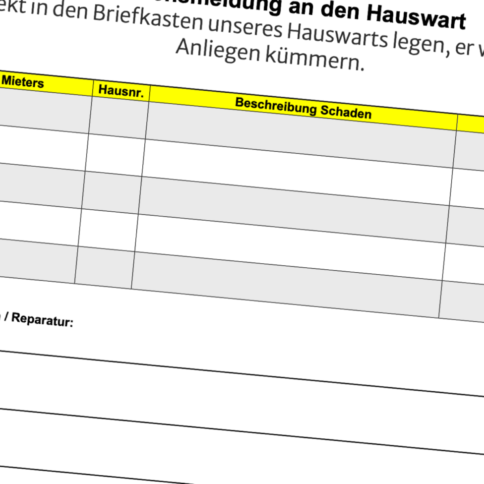 Nahaufnahme eines deutschen Schadensmeldeformulars mit Spalten für den Namen des Mieters, die Hausnummer, die Beschreibung des Schadens und die Kontaktangaben, teilweise ausgefüllt.